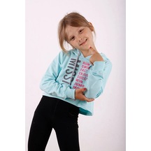 Toontoy Kız Çocuk Relax Fit Kapüşonlu Baskılı Crop Sweatshirt - 2 İplik Mint Yeşili