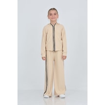 Toontoy Kids Toontoy Kız Çocuk 2'li Takım Kapüşonlu Fermuarlı Reglan Kol Sweatshirt & Beli Lastikli Bol Paça Eşofman Altı - Şerit Detaylı & Fitilli Bej