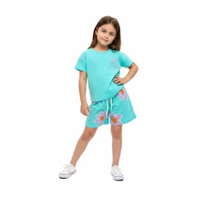 Toontoy Kids Toontoy Kız Çocuk 2'li Şortlu Takım Bisiklet Yaka Kısa Kollu Baskılı Tişört - Beli Lastikli Bağlamalı Baskılı Şort 25035 Mint Yeşili