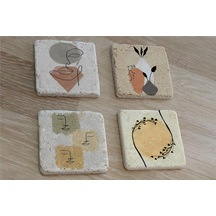 Line Art Obje Bitki Surat Doğal Taş Bardak Altlığı 4'lü Set - Natural Stone Coasters - Taş Çok Renkli