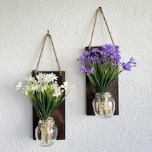 Led Işıklı, Lila Ve Beyaz Nergis Çiçekli Duvar Dekoru Ceviz İkili Set Ceviz