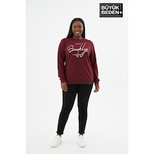 Süperlife Kadın Büyük Beden El Yazılı Brooklyn Baskılı Bisiklet Yaka İnce Sweatshirt Spr26bswk956-6 Bordo