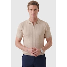 Rizzup Erkek Bej Polo Yaka Fermuarlı Çizgi Dokulu Regular Fit Likralı Triko Tişört 2608008