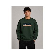Herkesemoda Wave Baskı Detaylı Bisiklet Yaka Şardonlu 2 İplik Sweatshirt Yeşil