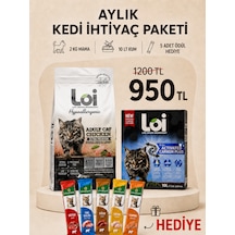 Aylık Kedi İhtiyaç Paketi 2 Kg Mama + 10 Lt Kum + 5 Li Karışık Ödül Maması Tavuklu
