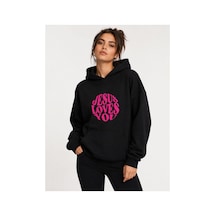 Herkesemoda Jesus Love Baskılı Kapüşonlu 2 İplik Şardonlu Sweatshirt Siyah
