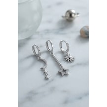 3 Lü Set Ay Yıldız Ve Güneş Model Gümüş Renk Kadın Küpe çok renkli