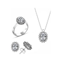 Sertifikalı Swarovski Oval Kesim Tek Taş 925 Gümüş Set