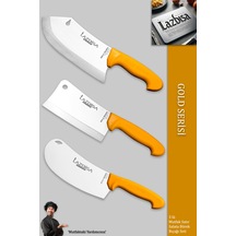 Lazbisa Mft-002 Gold Serisi Pide Börek Mutfak Bıçağı Salata Pizza Bıçak Kıyma Et Satırı Doğrama 3 Lü Set Sarı