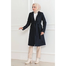 Ertaştrendstore Kadın Kaşe Kaban Uzun Boy Kruvaze Yaka Kuşaklı Tesettür Kaban Astarlı Yünlü - Lacivert Çok Renk