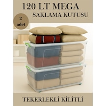 Tekerlekli Kilitli 120 Lt Mega Saklama Kutusu Depolama Düzenleyici Şeffaf 2 Adet Beyaz