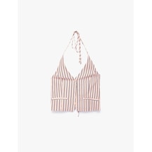 Koton Viskon Halter Yaka Çizgili Düğmeli Boyundan Bağlamalı Bluz Pembe Çizgili 6sal30034ıw