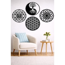 Yaşam Çiçeği, Sri Yantra, Torus Ve Yin Yang Yaşam Ağacı 4'lü Set Duvar Tablosu