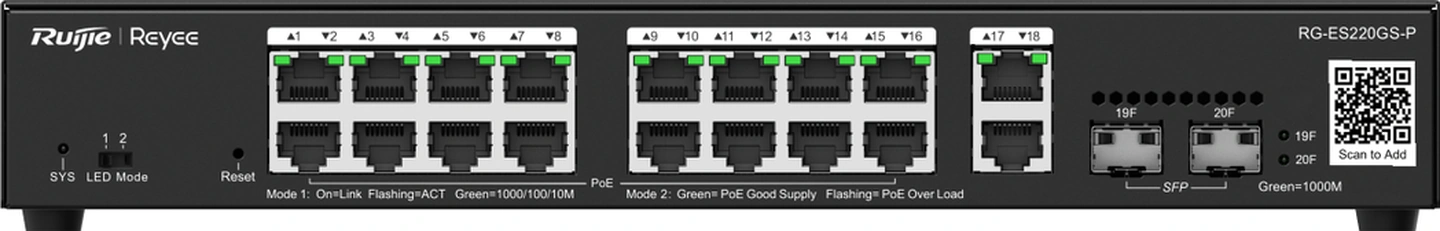 Ruijie Reyee - Rg-es220gs-p 20 Portlu, 10/100/1000 Gigabit,yönetilebilir Switch, 2 Sfp, 2 Gigabit Rj45 Uplink, 16 Port Poe+ 250w -37389