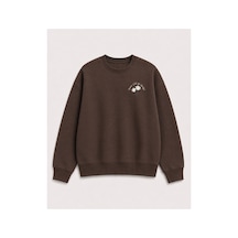 Herkesemoda Papatya Baskı Detaylı Bisiklet Yaka Şardonlu 2 İplik Sweatshirt Kahverengi