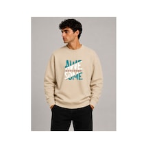 Herkesemoda Awesome Baskılı Bisiklet Yaka Şardonlu 2 İplik Sweatshirt Bej