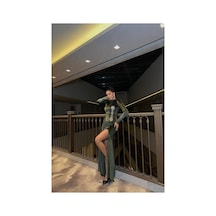 DefyModa Kadın V Yaka Taş Detaylı Uzun Kollu Abiye Elbise Haki