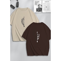 Unisex Kadın Erkek Aslan Ok Baskılı Sevgili Çift Kombini Tasarım Oversize Tshirt 2li Kahve Bej Mck0202 Çok Renkli