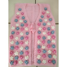 İncili Elişi Papatyalı Yeni Model Gelin Yeleği Pembe Açık Bej - Kırmızı