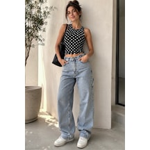 Bb Butik Basic Kargo Cepli Bol Paça Kadın Kot Pantolon St3439 Mavi