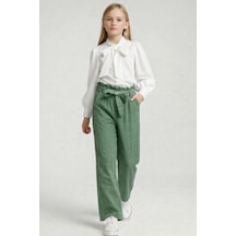 Fesshera Kids Kız Çocuk Fular Yaka Bluz Kuşaklı Yüksek Bel Geniş Paça Pantolon Takım 12-15 Yaş Yeşil