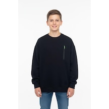 Bisiklet Yaka Cep Fermuar Detaylı Erkek Çocuk Sweatshirt-90855 Siyah