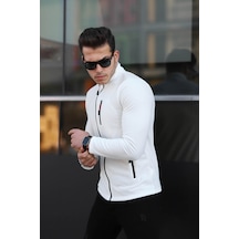 Kozik Standart Kalıp Tam Fermuarlı 3 Çepli Erkek Polar Beyaz