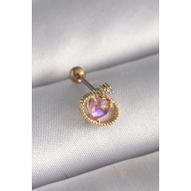 316l Çelik Gold Renk Pembe Mineli Kalp Zirkon Taş Detay Tragus Piercing - Prt3500eb02897-7960 Altın