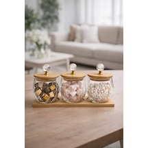 Kristal Kulplu Cam Kavanoz 10x10 Cm Seti 3 Lü Bambu Kapaklı & Ahşap Altlıklı Dekoratif Saklama Kabı Şeffaf