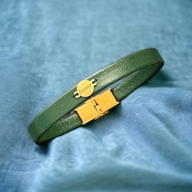 Archin Zeynep İsmine Özel Doğal Yeşil Derili Yuvarlak Motifli 14 Ayar Altın Plakalı Hediye Bileklik-425isim Zeynep