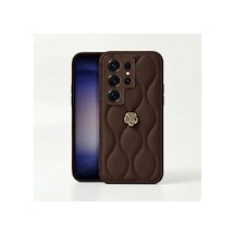 Samsung Galaxy Uyumlu S25 Ultra  Kılıf Çiçekli Dalgalı Deri Kılıf Kahverengi