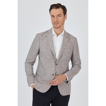 İmza Kazayağı Desen Bez Ayağı Mono Yaka Yarım Astar Keten Karışımlı 6 Drop Slim Fit Ceket 1002250102 Bej