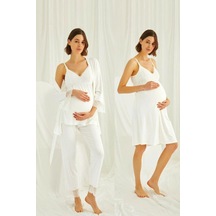 Monamise 18433489 Kadın Ekru Hamile Lohusa Seti Sabahlık Gecelik Pijama Takım