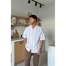 Flaw Çizgili Oversize Kısa Kol Gömlek Beyaz-25868 Beyaz