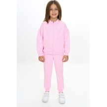 Toontoy Kids Toontoy Kız Çocuk 2'li Takım Nakış Baskılı Dik Yaka Fermuarlı Sweatshirt & Beli Paçası Ribanalı Cepli Jogger Eşofman Altı - Nervürlü & 2 İplik Açık Pembe