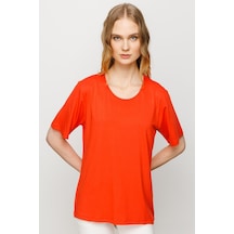 Kadın Sıfır Yaka Basic Penye T-shirt Oranj Oranj
