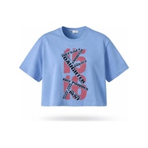 Kadın Mavi Yazı Baskılı Crop Pamuk T-shirt Mavi