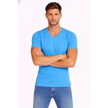 Erkek Body T-shirt V Yaka Slim Fit Likralı Kısa Kol Tişört - Açık Mavi