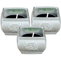 Şamdan Dekoratif Mumluk Eskitme Şamdan Set 3 Lü Üçlü Tealight Uyumlu Çizgili Çiçek Model - Gümüş
