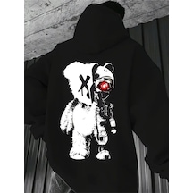 Nevermınd Unisex Oversize Panda Ve Robot Baskılı Hoodie - Kırmızı Göz Detaylı Streetwear Siyah Siyah