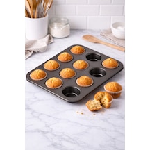 12'li Cupcake Kek Kalıbı, Yanmaz Yapışmaz Kek Kalıbı Siyah