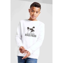 Tshirthane No Stress Bench Press Baskılı Unisex Çocuk Beyaz Sweatshirt Beyaz
