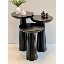 Wood Wooden Siyah Ahşap 3 Lü Set Fitilli Mantar Yan Sehpa Modern Siyah Renk Fiskos Siyah