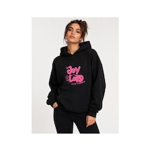Herkesemoda Joy Lord Baskılı Kapüşonlu 2 İplik Şardonlu Sweatshirt Siyah