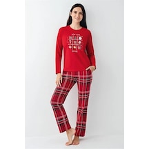 Arnetta %100 Pamuk Ekose Yılbaşı Konsept Bayan Pijama Takım Kırmızı