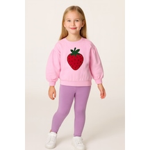 Kız Çocuk Bisiklet Yaka Uzun Kollu Pembe Çilek Desenli Rahat Kalıp Sweatshirt - Kız Çocuk Sweatshirt Pembe