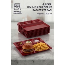 6 Adet Melamin Burger Tabağı 27x23cm Bölmeli Hamburger Patates Tabağı Makinede Yıkanabilir Kırmızı