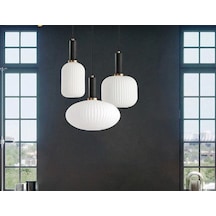 Rsylight Rustik Dekoratif Metal Modern Yuvarlak Siyah Beyaz Opal Camlı 3 Lü Avize-rys9019083