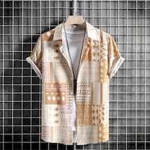 Snapbuy 2025 Erkek 3d Havai Gömlek - Basit Çizgili, Gevşek Nefes, Yazlık Kısa Kollubej Bej