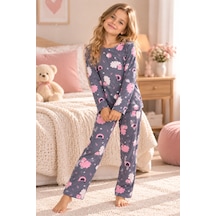 Free Beka Desenli Bisiklet Yaka Süet Kumaş Kız Çocuk Uzun Kollu Pijama Takımı Gri